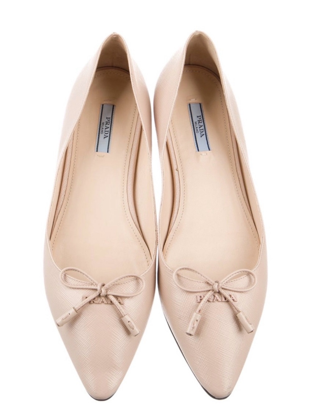 Prada Beige/Nude Saffiano Leather Logo Bow tie embellished Ballet Flats EU 40